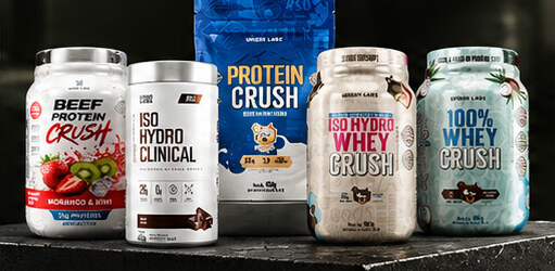 Suplementos Under Labz: Beef Protein Crush, Iso Hydro Clinical, Protein Crush, Iso Hydro Whey Crush e 100% Whey Crush